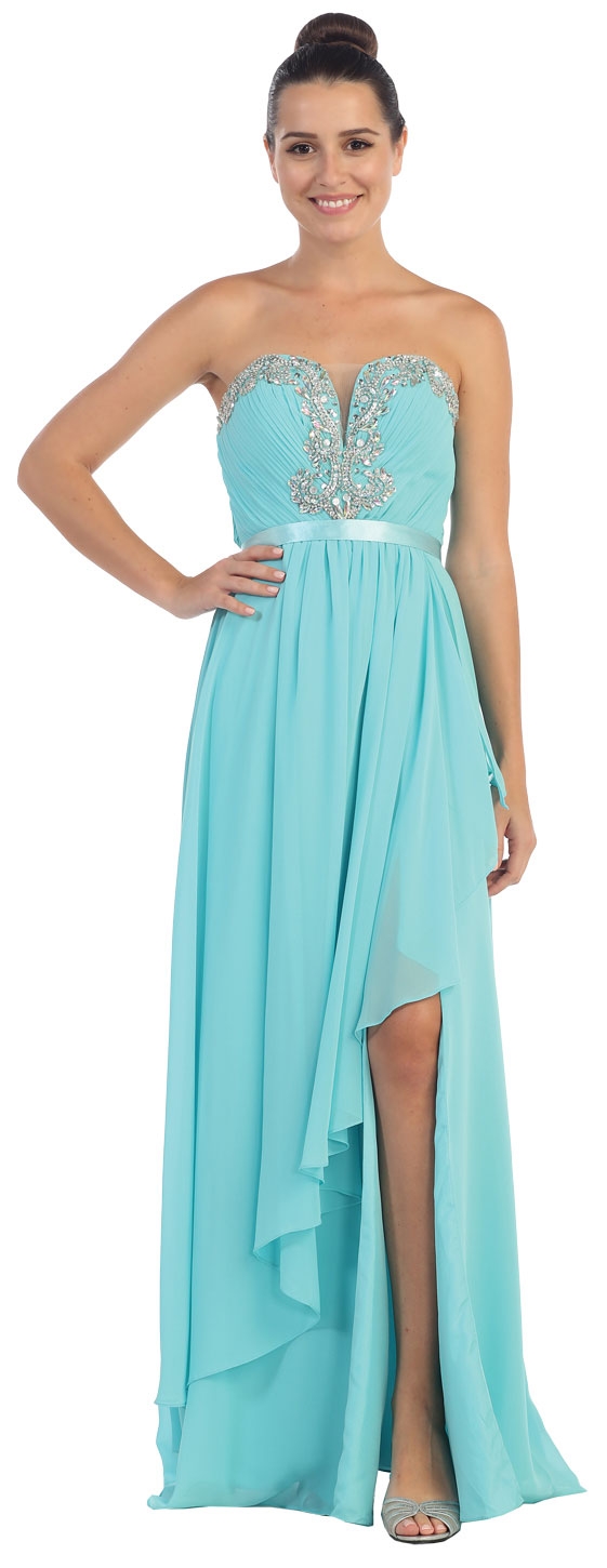 Strapless Ruffled Overlay Beaded Long Formal Evening Dress — in Teal Blue