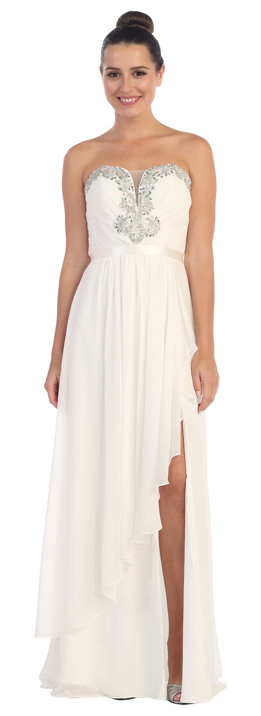 Strapless Ruffled Overlay Beaded Long Formal Evening Dress — in White