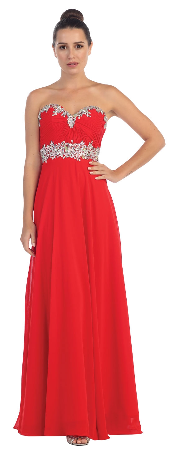 Strapless Rhinestones Empire Bust Formal Evening Dress — in Red