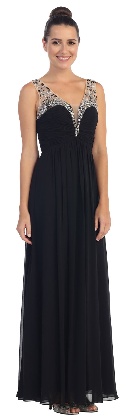 V-Neck Bejeweled Bust & Shoulders Long Formal Evening Dress