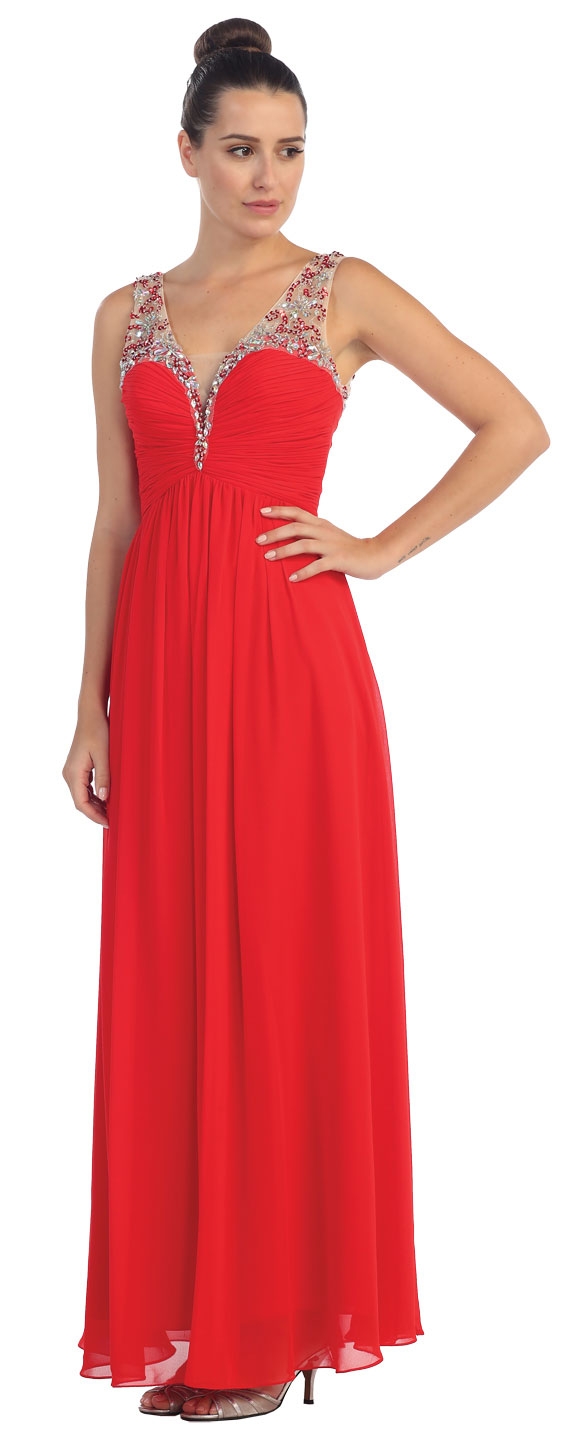 V-Neck Bejeweled Bust & Shoulders Long Formal Evening Dress — in Red