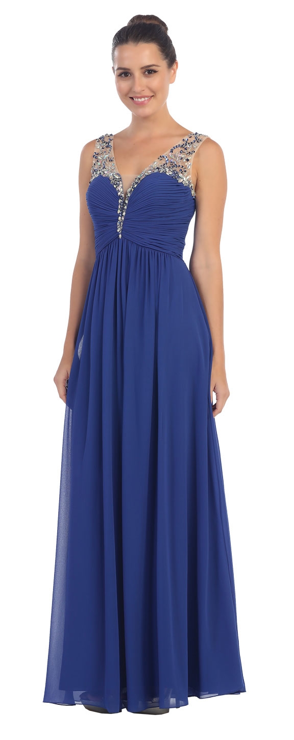 V-Neck Bejeweled Bust & Shoulders Long Formal Evening Dress — in an alternative image