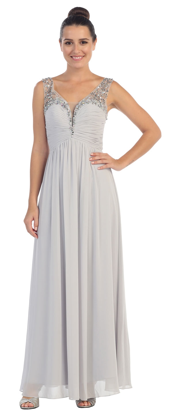 V-Neck Bejeweled Bust & Shoulders Long Formal Evening Dress — in Silver
