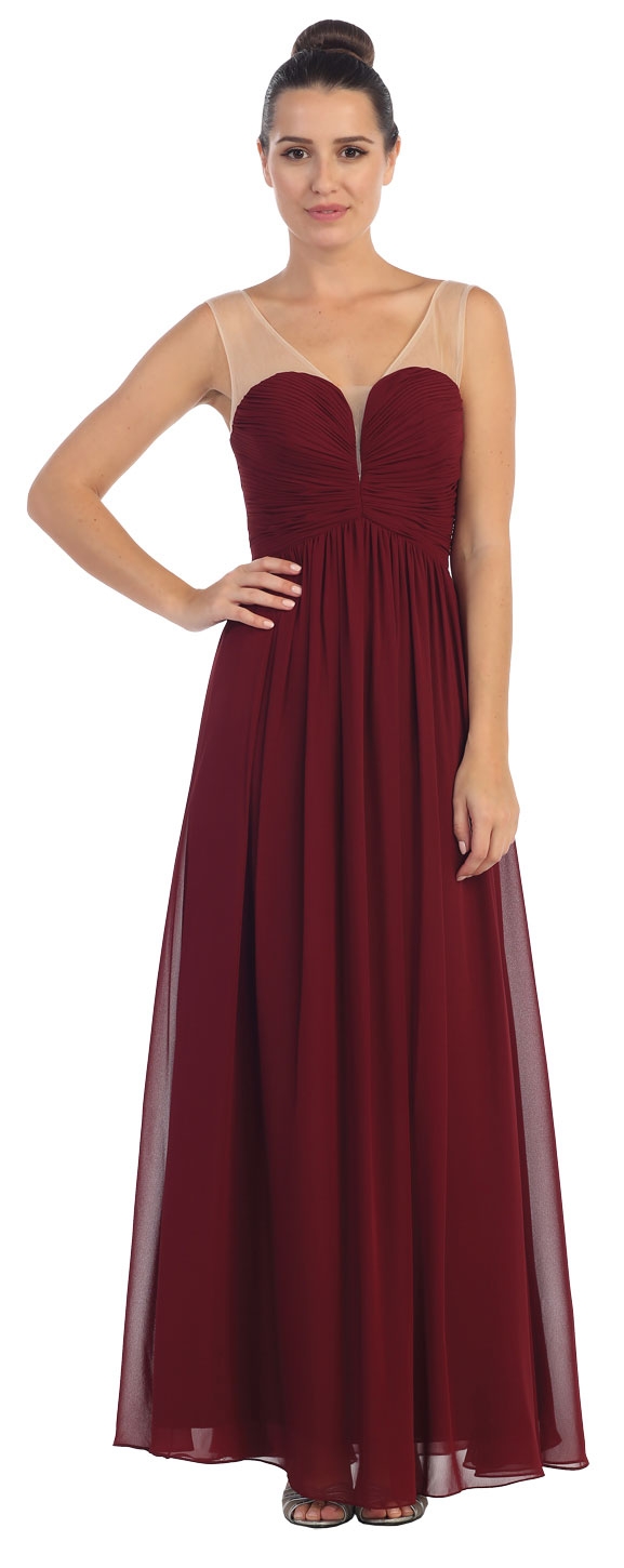 V-Neck Mesh Shoulders Shirred Bust Long Bridesmaid Dress — in Burgundy
