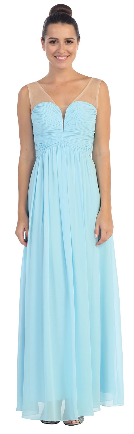 V-Neck Mesh Shoulders Shirred Bust Long Bridesmaid Dress — in Light Blue