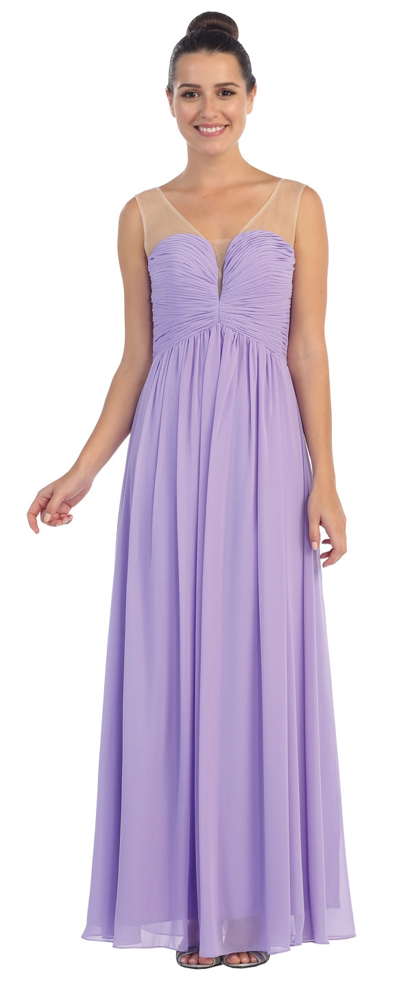V-Neck Mesh Shoulders Shirred Bust Long Bridesmaid Dress — in Lilac