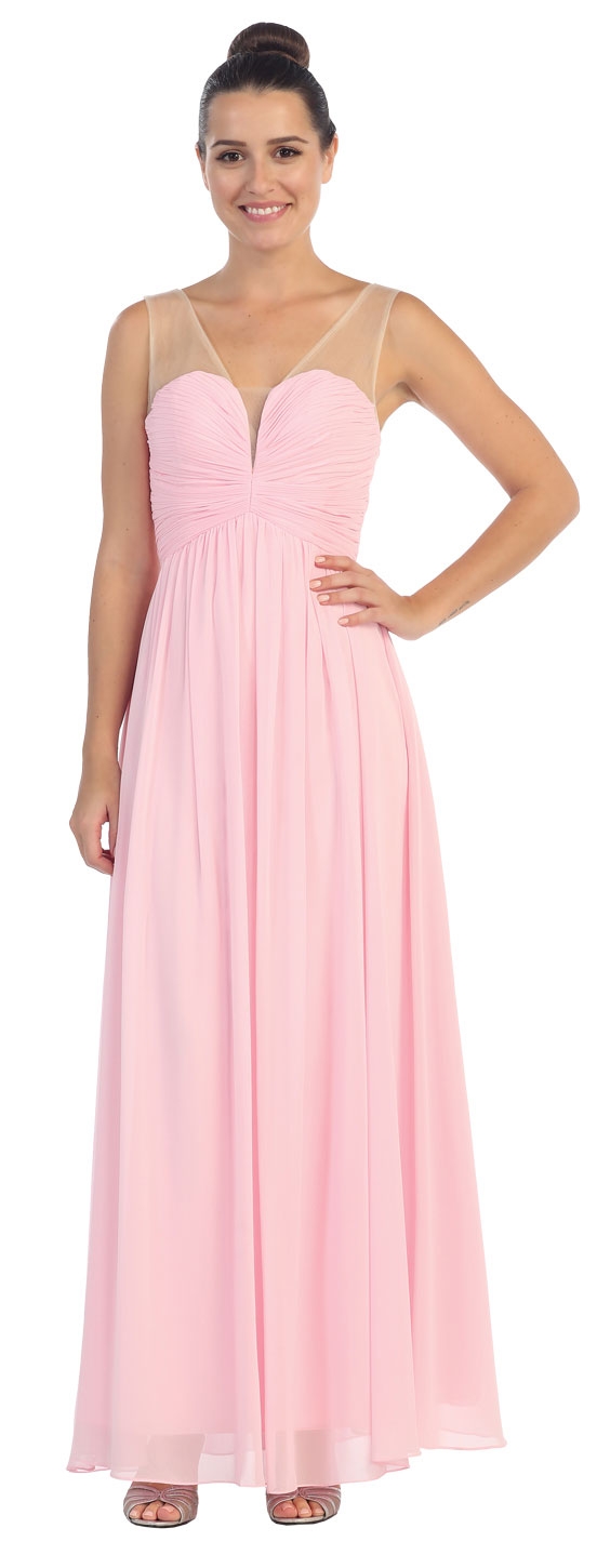 V-Neck Mesh Shoulders Shirred Bust Long Bridesmaid Dress