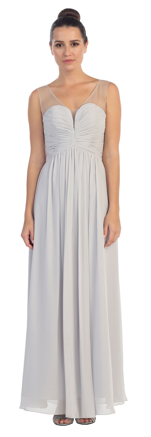 V-Neck Mesh Shoulders Shirred Bust Long Bridesmaid Dress — in Silver