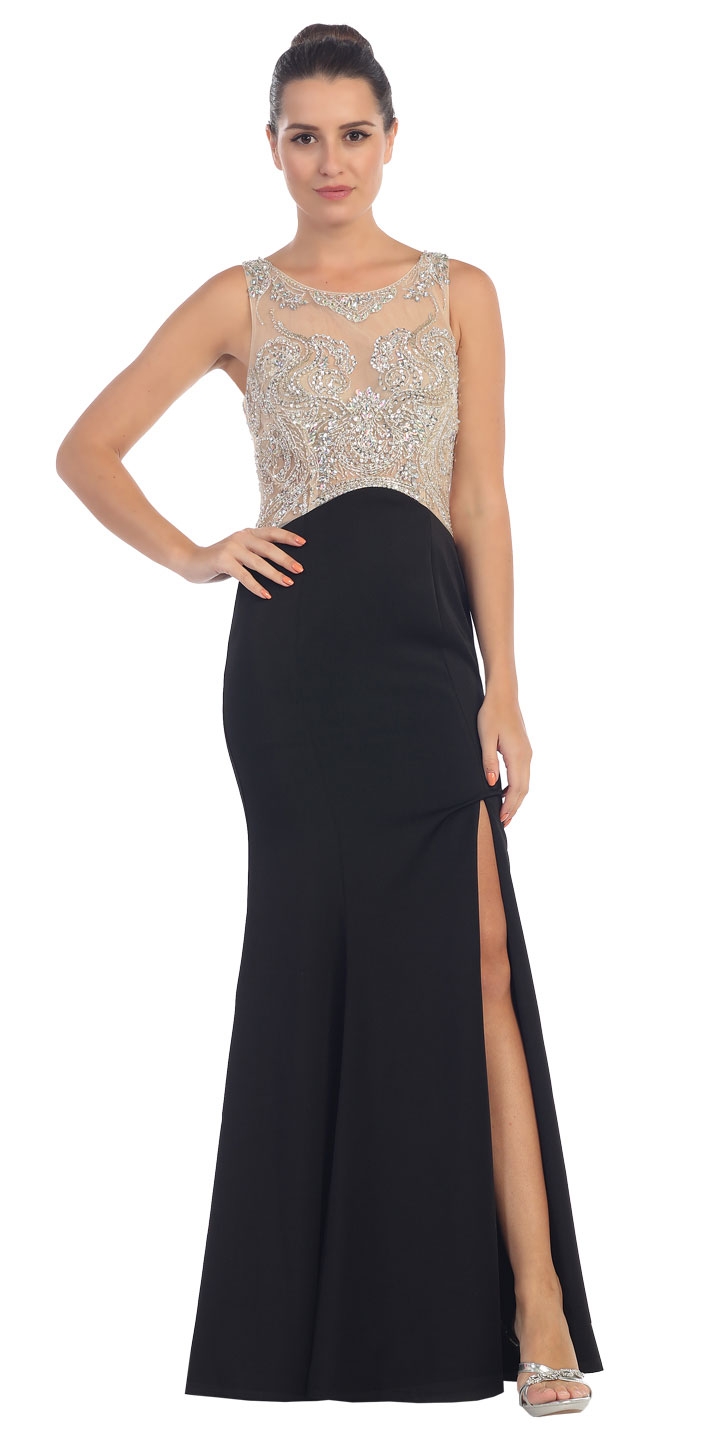 Rhinestones Mesh Top Flared Skirt Long Prom Dress — in Black