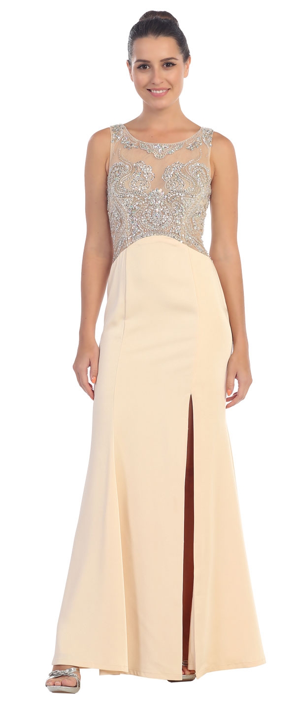 Rhinestones Mesh Top Flared Skirt Long Prom Dress — in Champaign