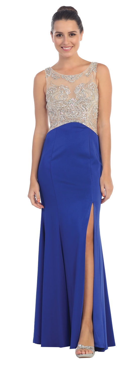 Rhinestones Mesh Top Flared Skirt Long Prom Dress
