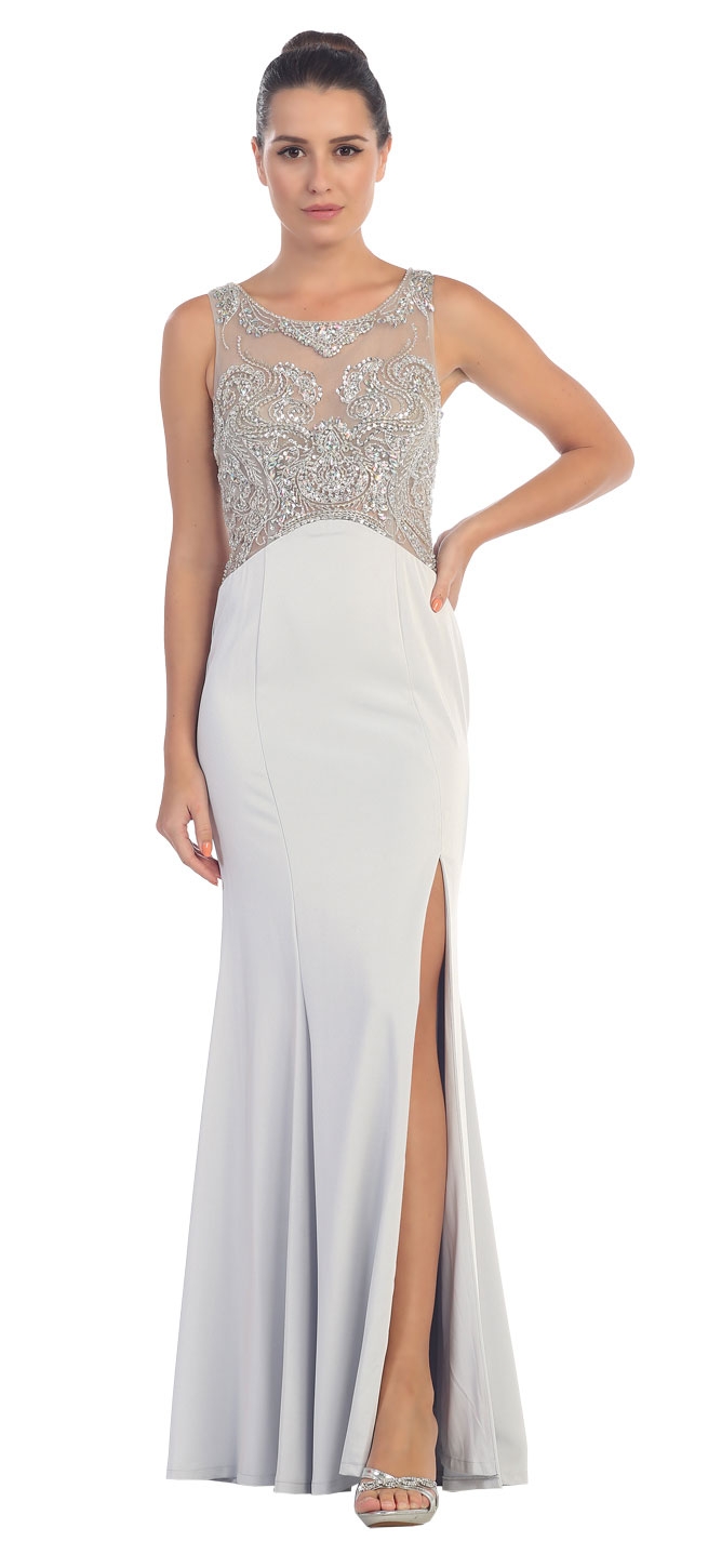 Rhinestones Mesh Top Flared Skirt Long Prom Dress — in Silver