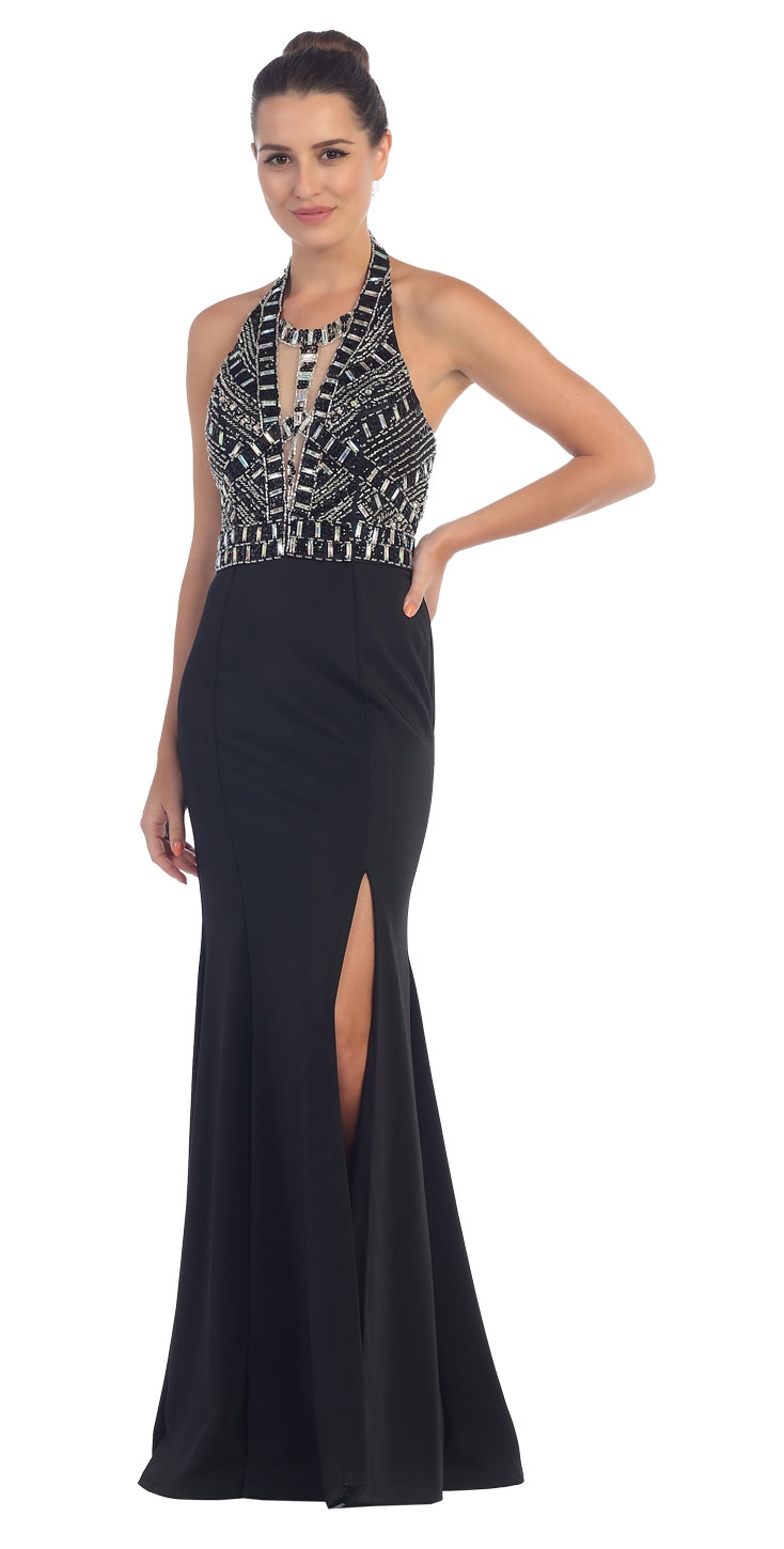 Halter Neck Rhinestones Bust Flared Skirt Long Prom Dress — in Black