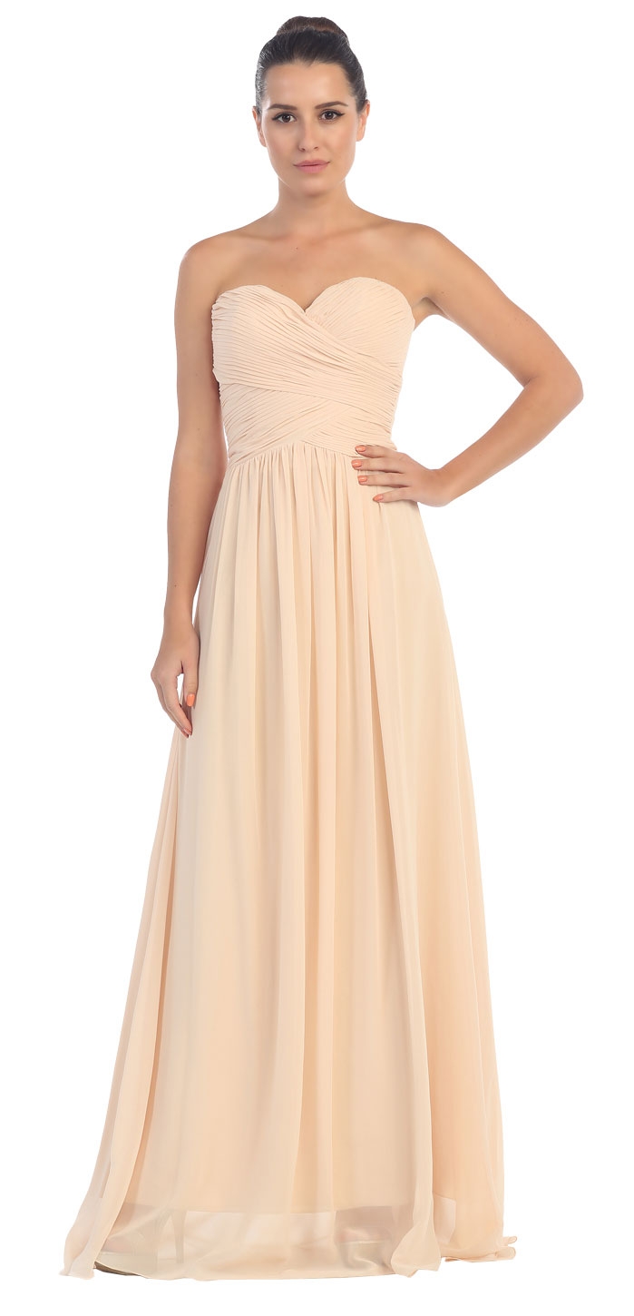 Strapless Shirred Bust Long Formal Bridesmaid Dress — in Champaign