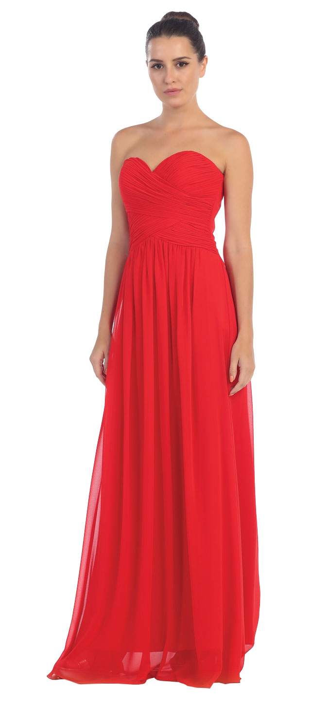 Strapless Shirred Bust Long Formal Bridesmaid Dress — in Red