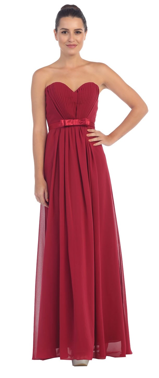 Strapless Pleated Bust Bow Waist Long Bridesmaid Dress — in Burgundy
