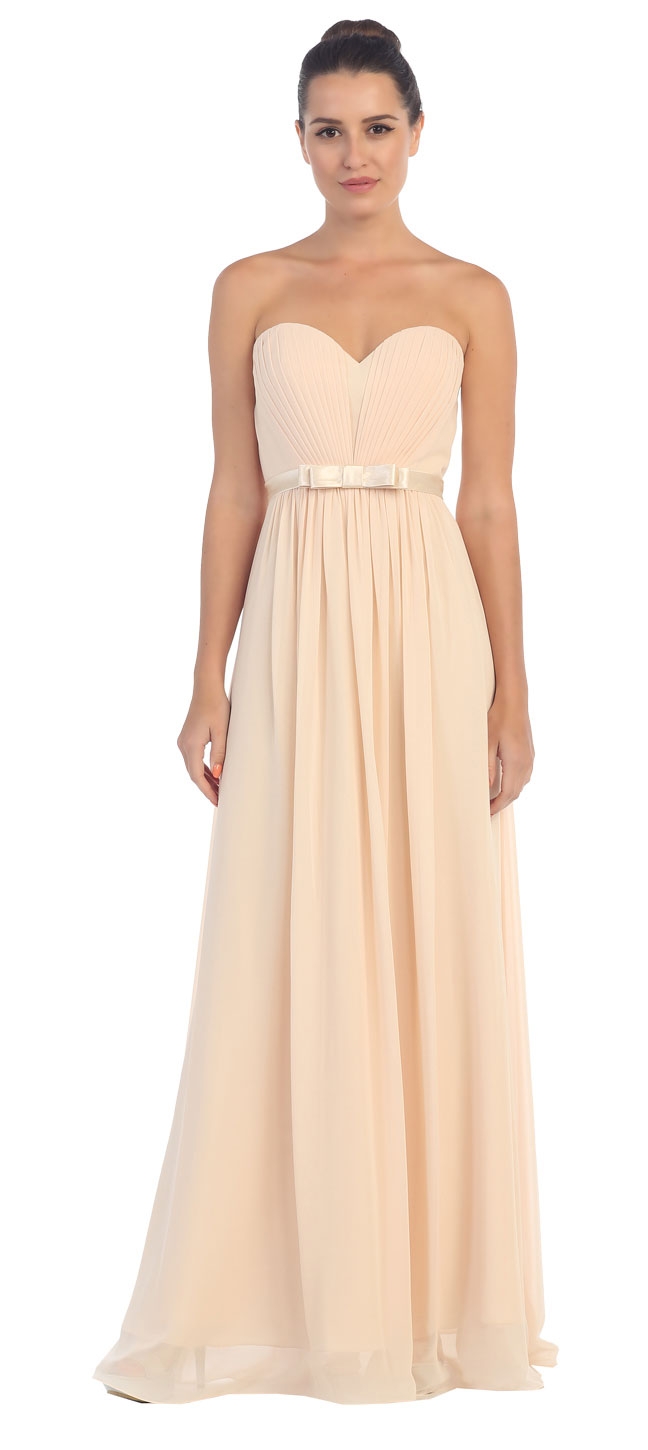 Strapless Pleated Bust Bow Waist Long Bridesmaid Dress — in Champaign