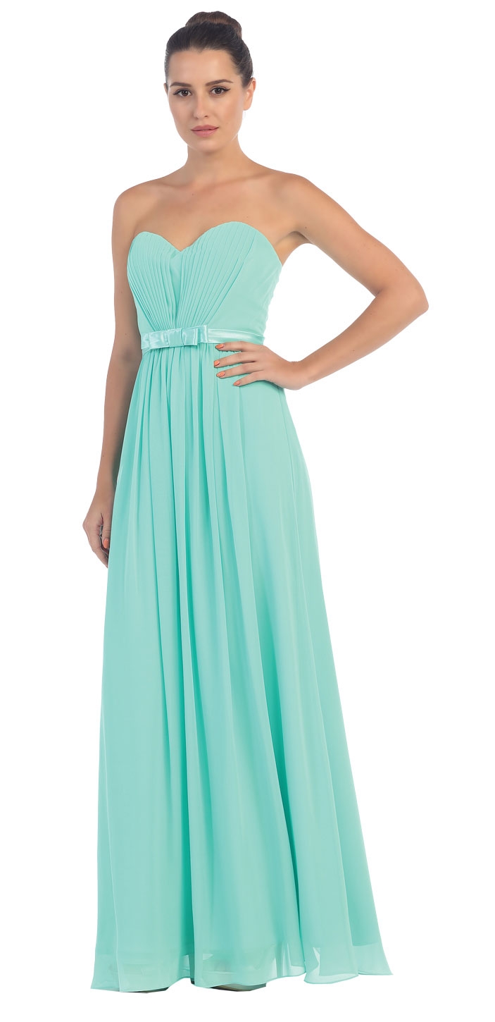 Strapless Pleated Bust Bow Waist Long Bridesmaid Dress — in Mint