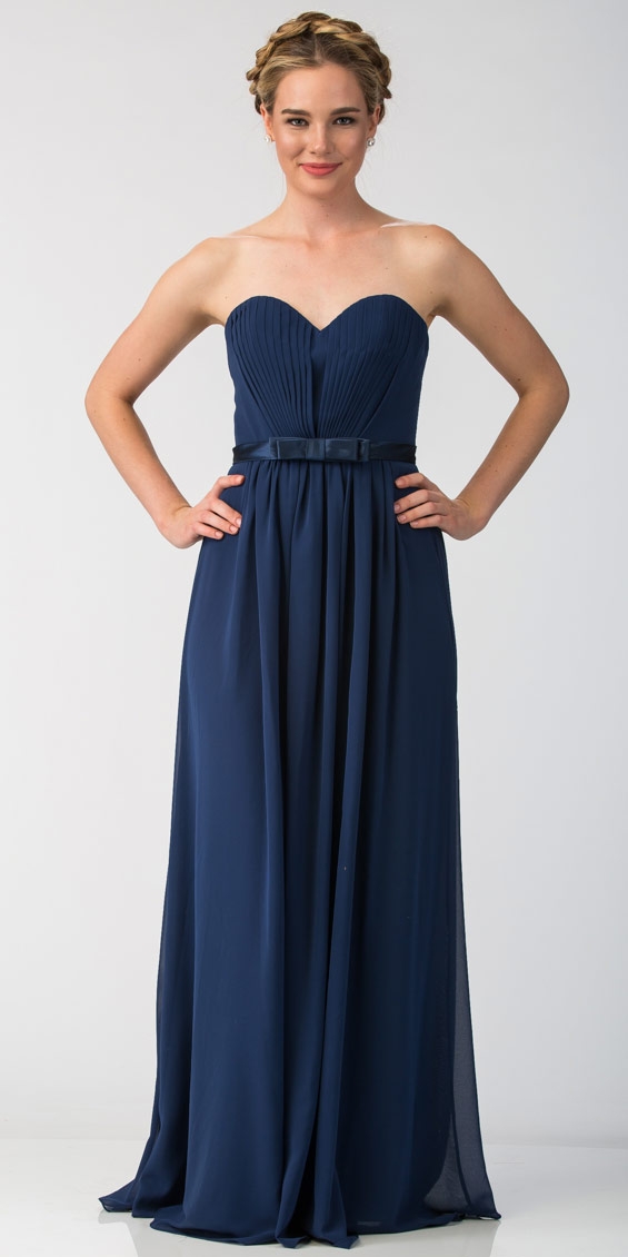 Strapless Pleated Bust Bow Waist Long Bridesmaid Dress — in Navy