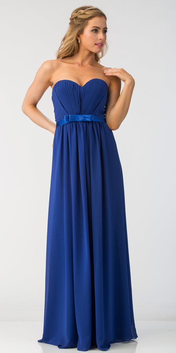 Strapless Pleated Bust Bow Waist Long Bridesmaid Dress