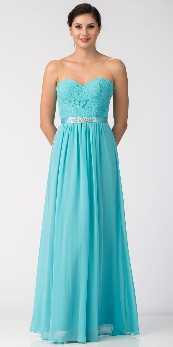 Strapless Floral Lace Bust Long Formal Bridesmaid Dress — in Tiffany Blue