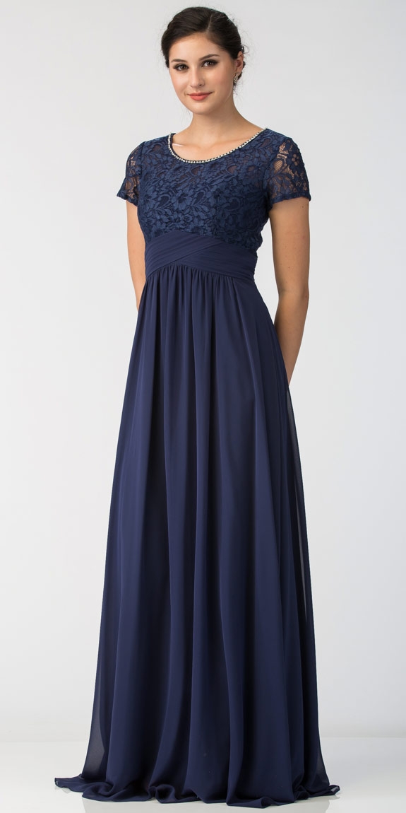 Floral Lace Top Short Sleeves Long Bridesmaid MOB Dress