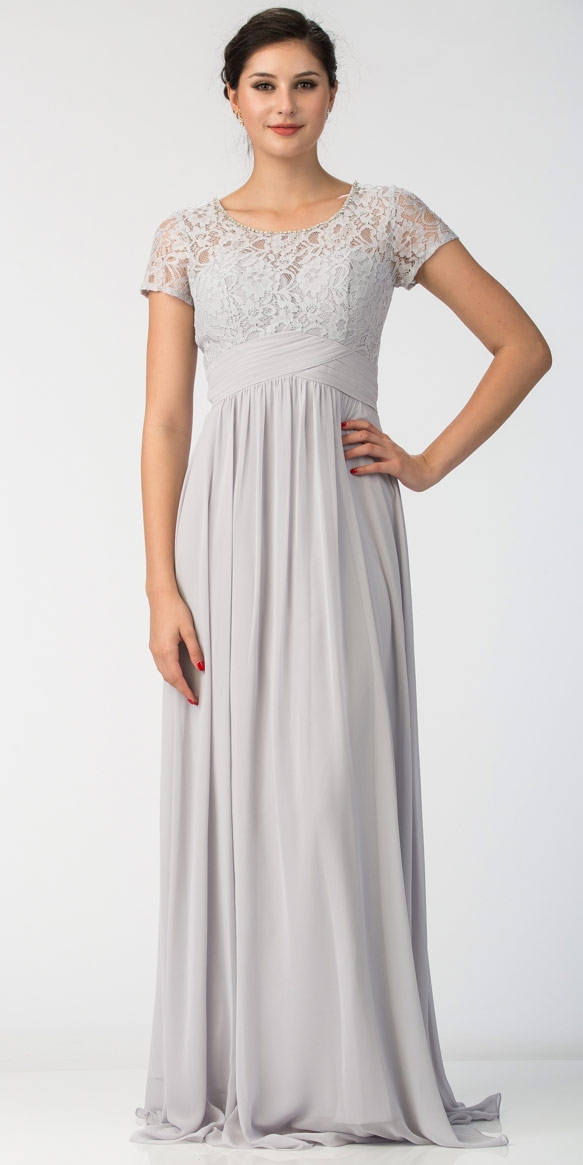 Floral Lace Top Short Sleeves Long Bridesmaid MOB Dress — in Silver
