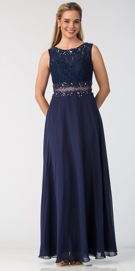 Mock Two Piece Lace Bodice Floor Length Prom Dress — in Navy