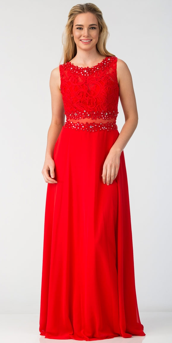 Mock Two Piece Lace Bodice Floor Length Prom Dress — in Red