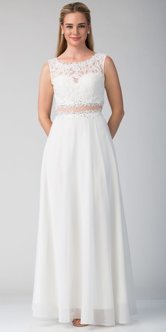 Mock Two Piece Lace Bodice Floor Length Prom Dress — in White