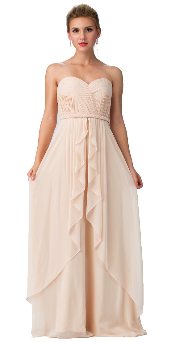 Strapless Shirred Bust Ruffled Skirt Long Bridesmaid Dress