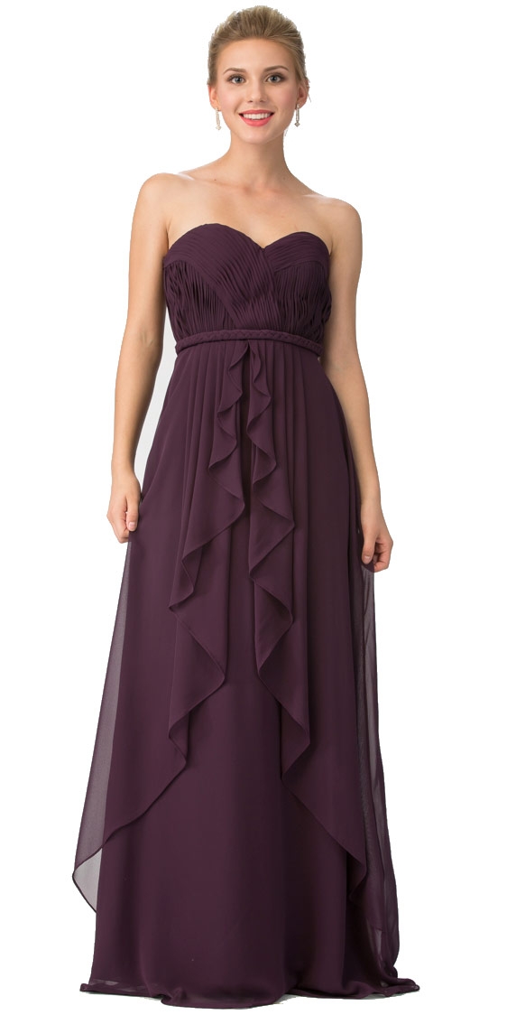 Strapless Shirred Bust Ruffled Skirt Long Bridesmaid Dress — in Egg Plant