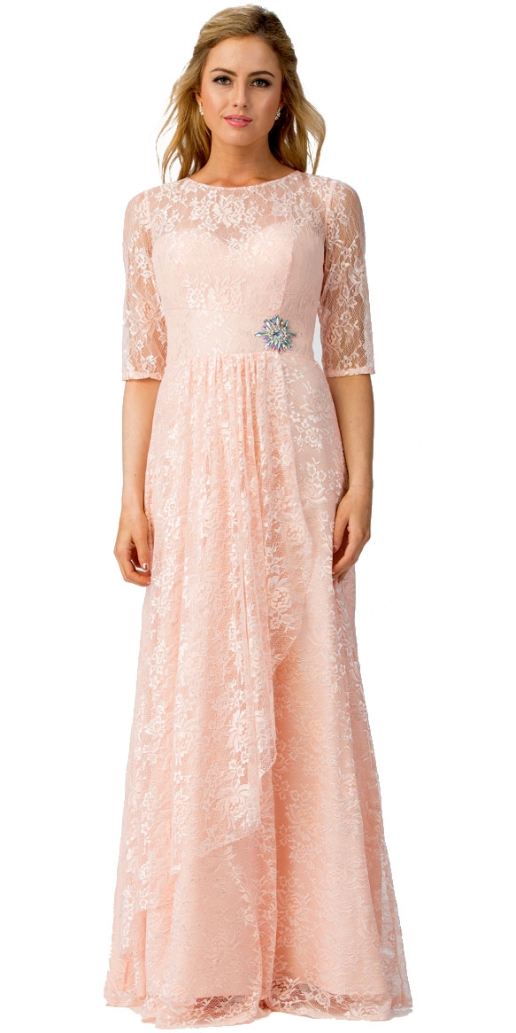 Round Neck Half Sleeves Floral Mesh Long Bridesmaid Dress