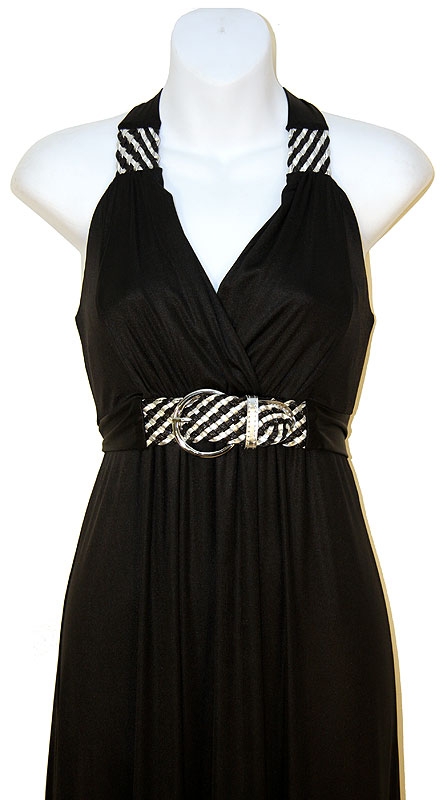 Broad Strapped  Halter Top Evening Dress — in Black closeup