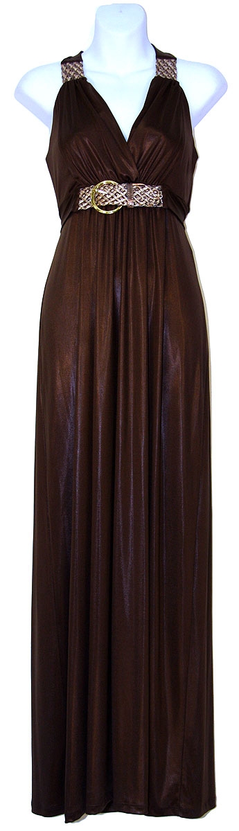 Broad Strapped  Halter Top Evening Dress — in Brown color