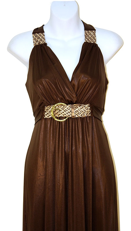 Broad Strapped  Halter Top Evening Dress — in Brown Closeup