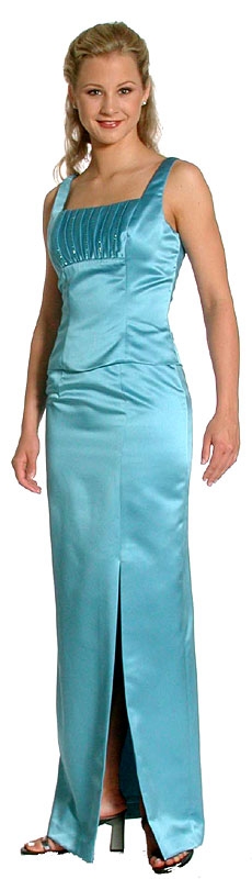Satin Beaded Full Length Bridesmaid Dress — in Carribean Blue