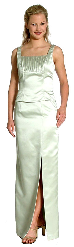Satin Beaded Full Length Bridesmaid Dress — in Sage color