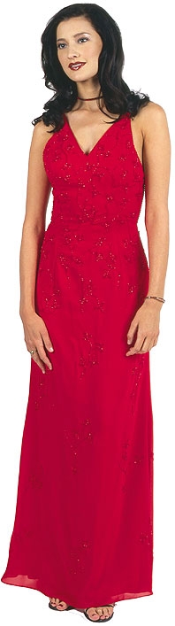 Beaded Formal Full Length Evening Dress — in Red color